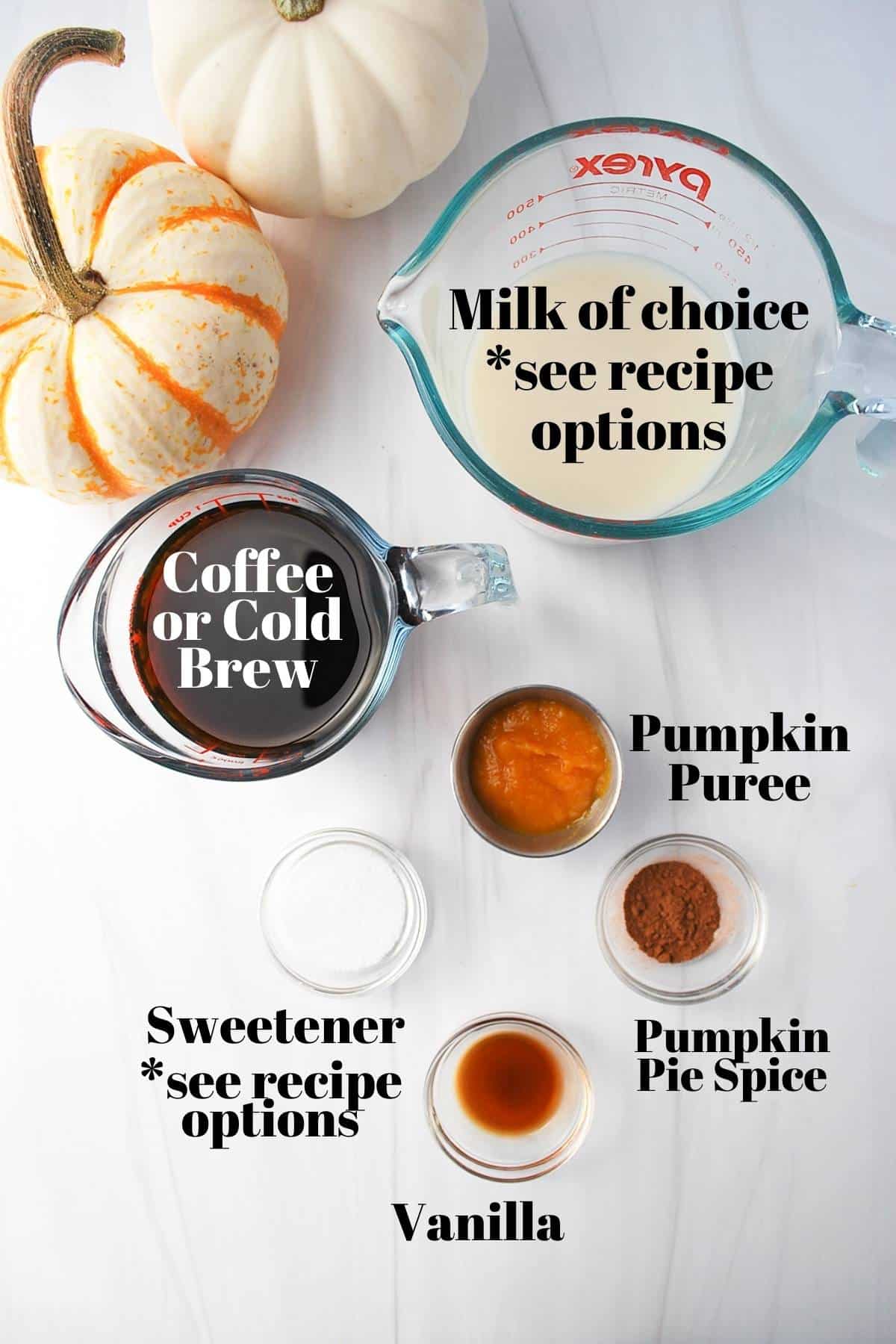 pumpkin spice latte ingredients measure out in containers on a counter