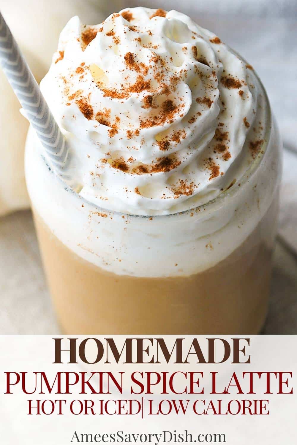 This pumpkin spice latte is delicious, made with real pumpkin puree and creamy nut milk with fewer calories than the Starbucks version. Recipe for iced and hot. via @Ameessavorydish