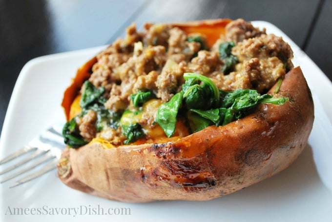 beef sausage, kale and aged cheddar stuffed sweet potatoes