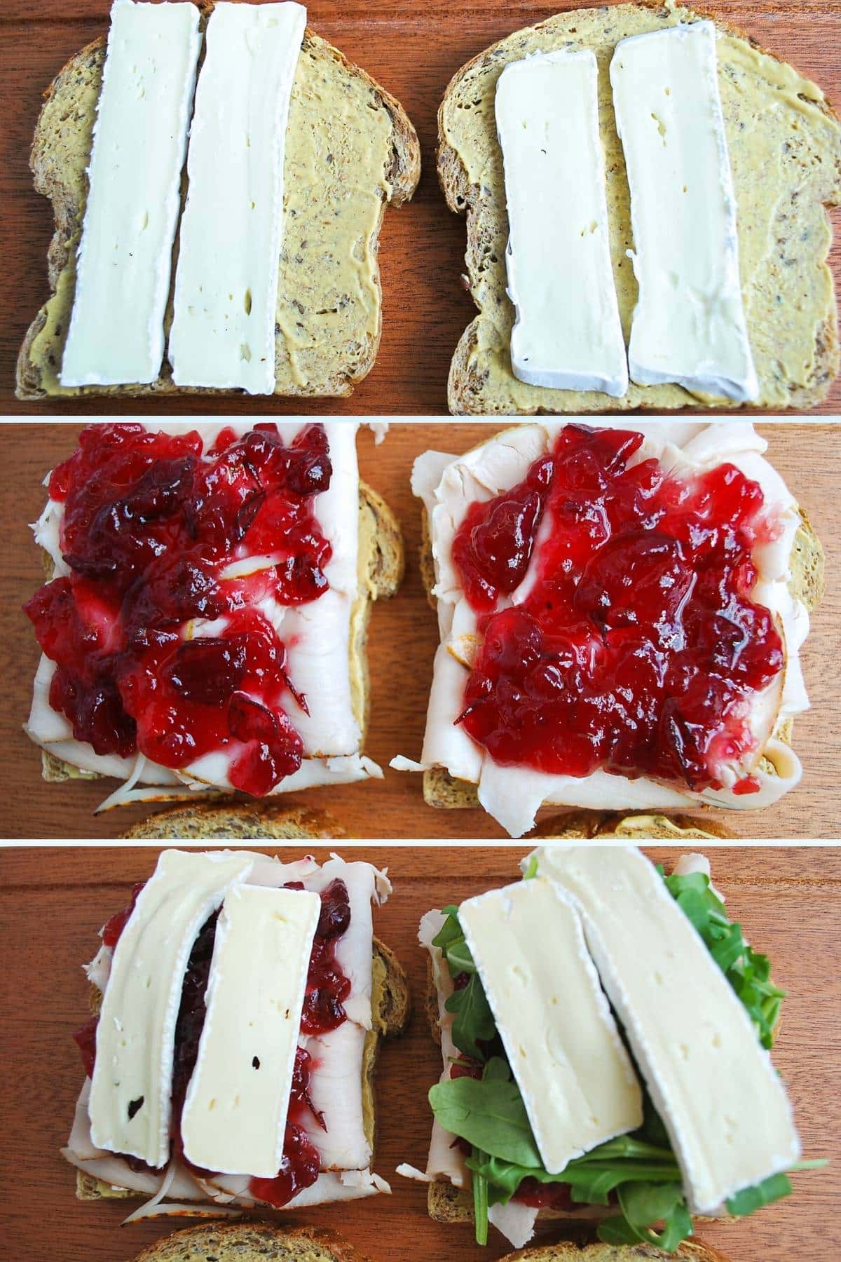 3 step photos showing assembling the turkey cranberry sandwich