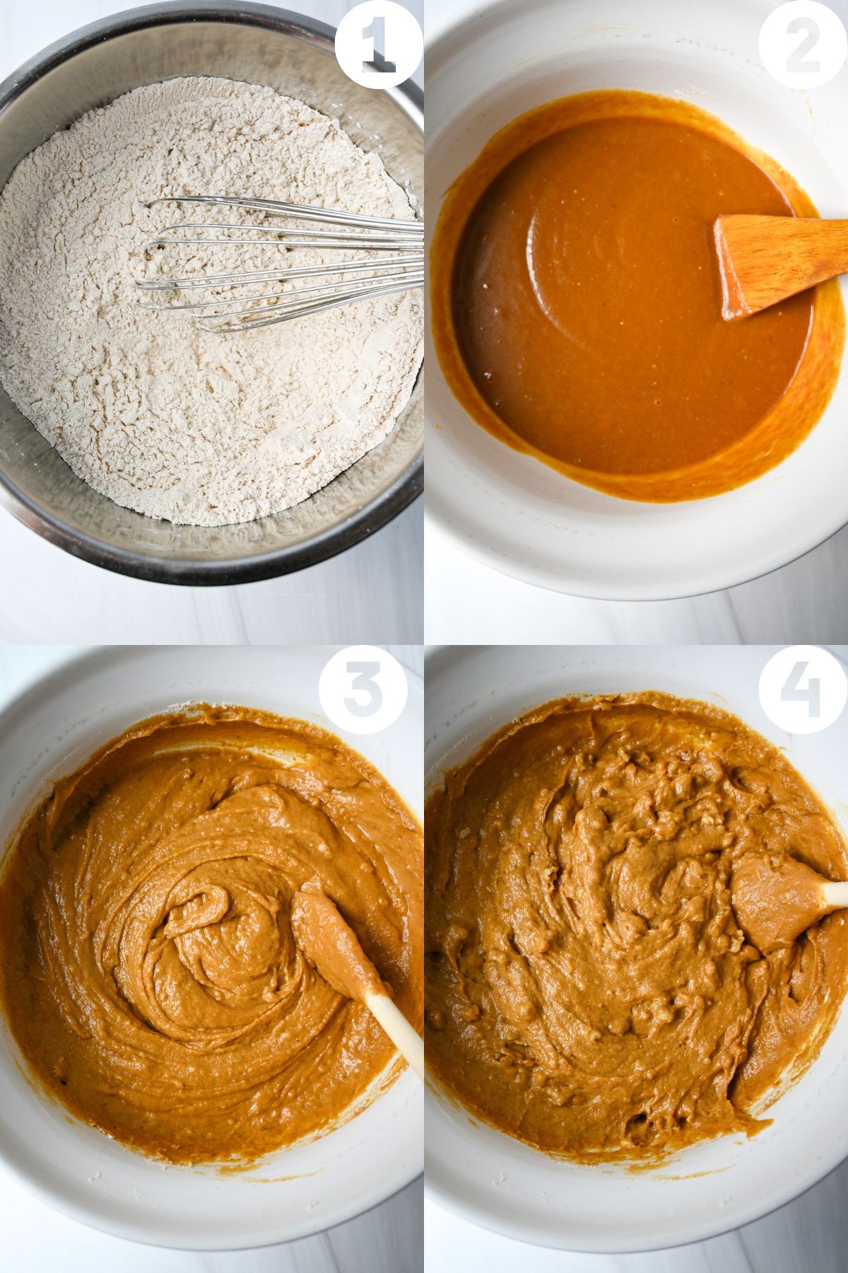 four step photo for mixing pumpkin bread batter