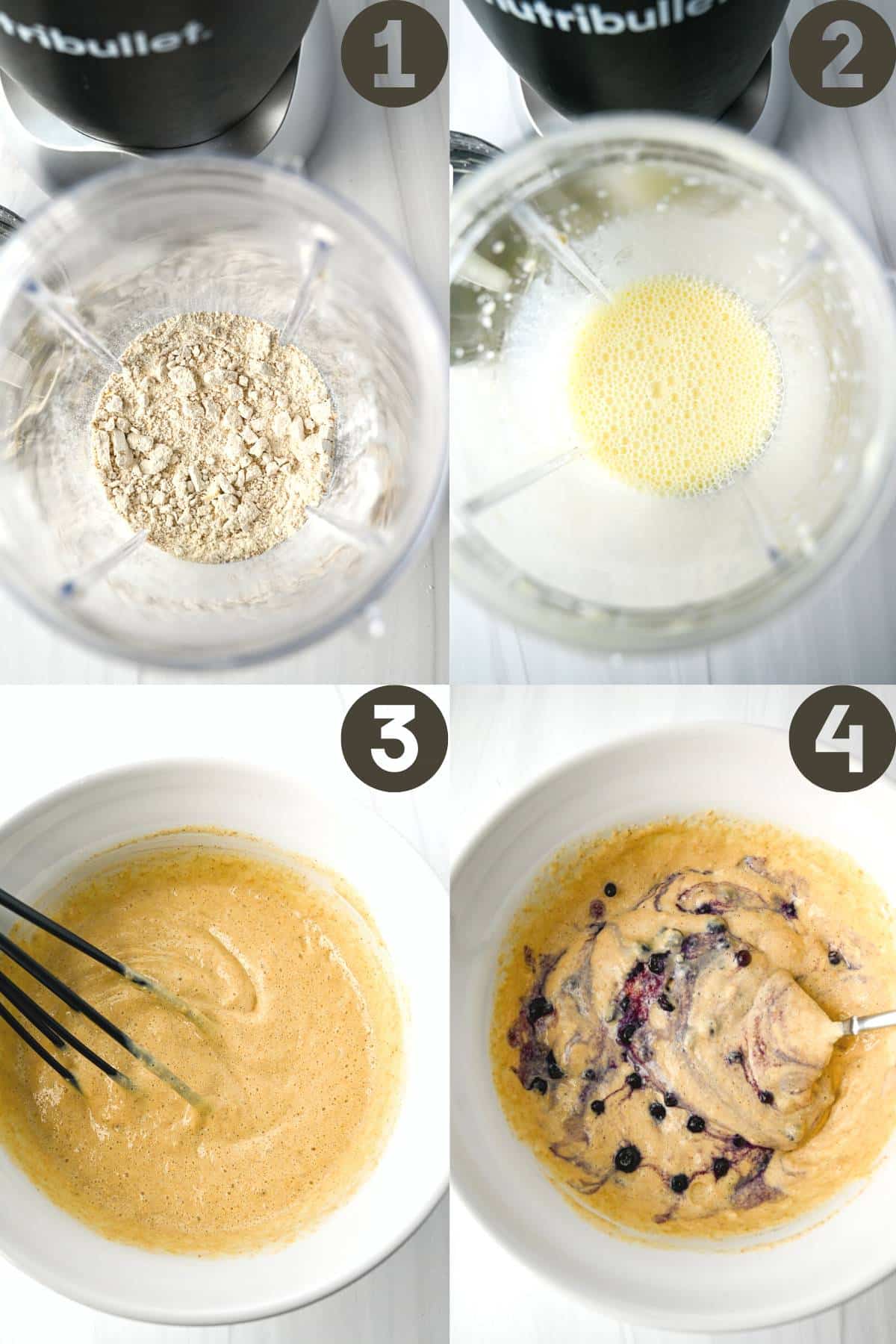 collage photo of steps mixing pancake batter with blueberries folded in