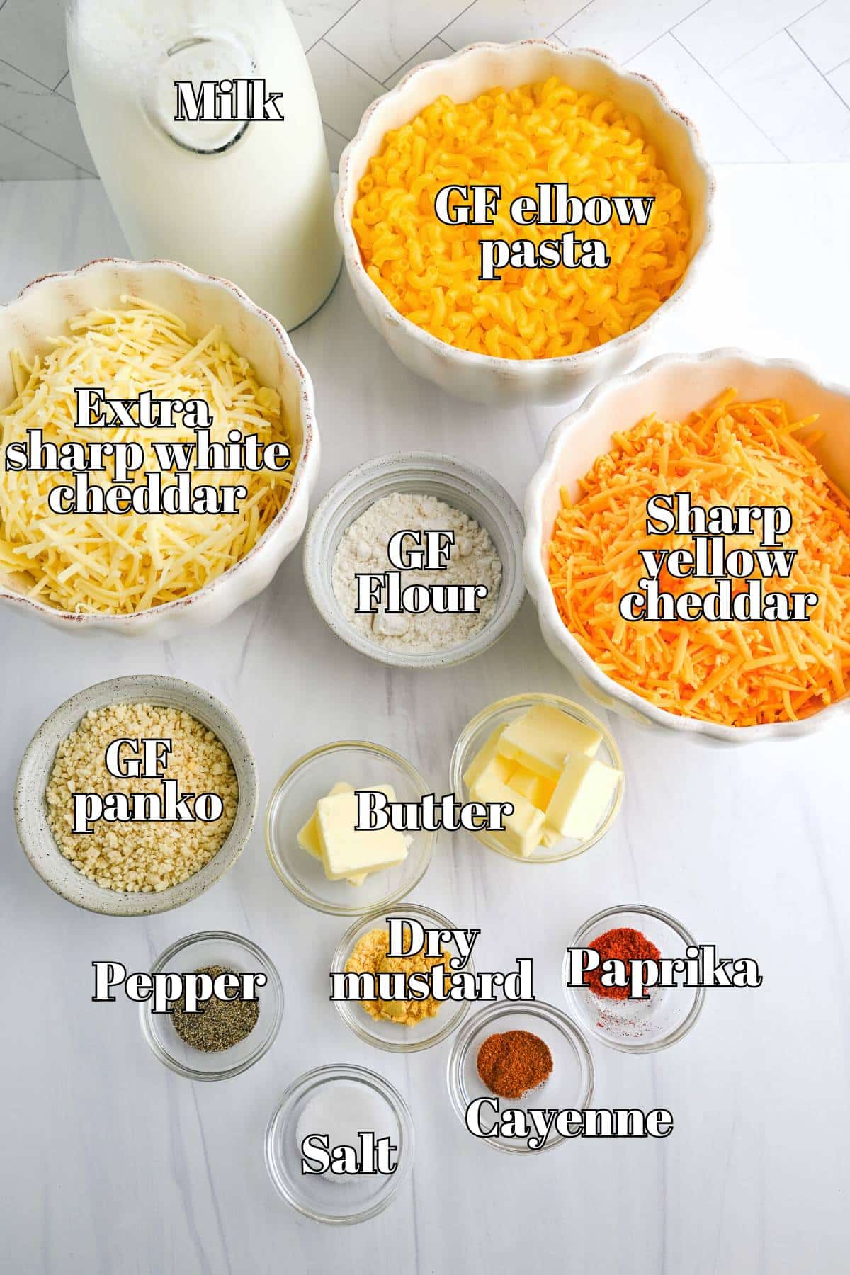 ingredients to make GF mac and cheese measured out on a counter