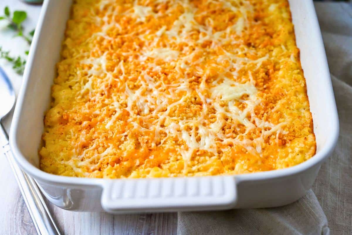 a pan of baked gluten free mac and cheese