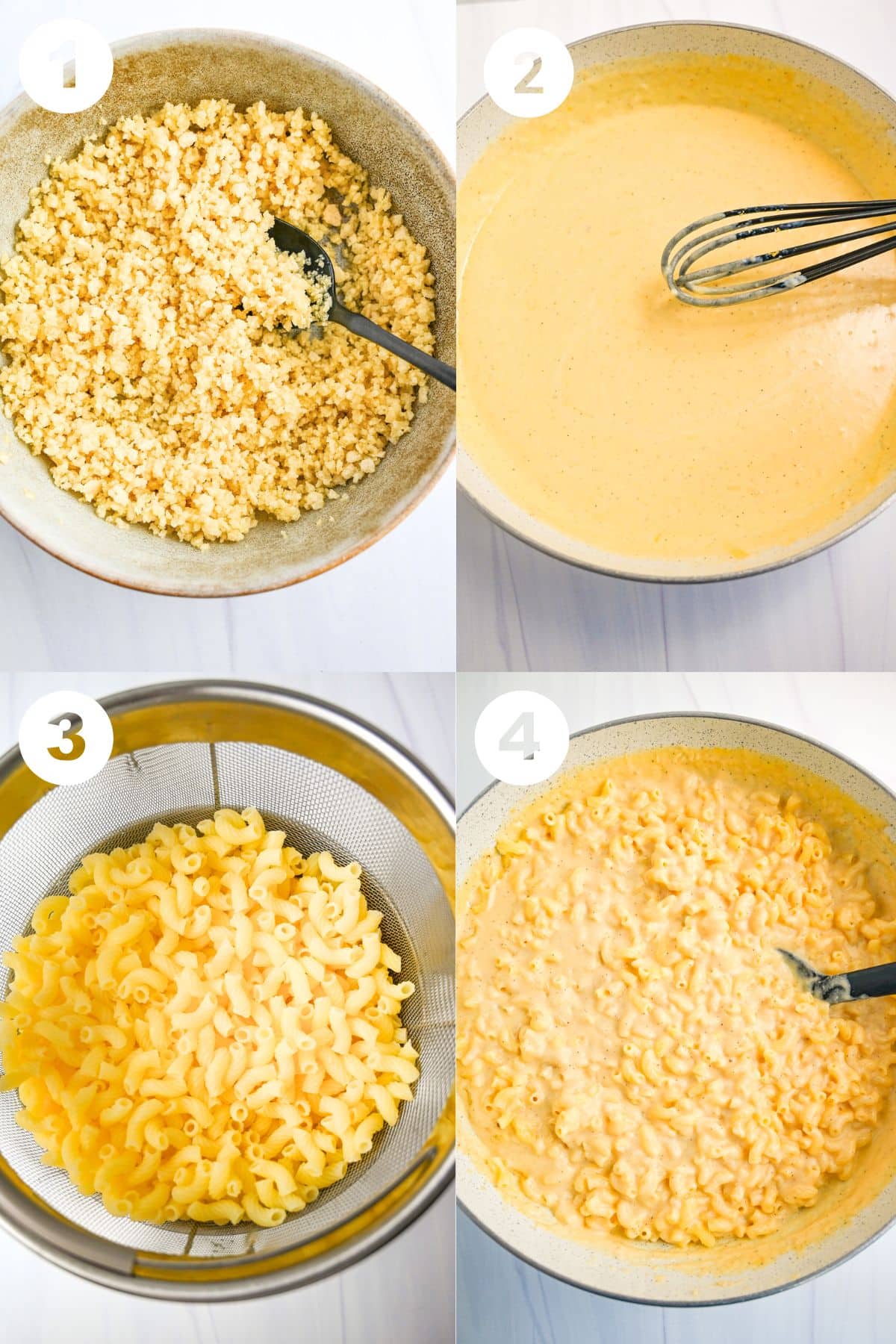photos of steps to make creamy mac and cheese with gluten free pasta