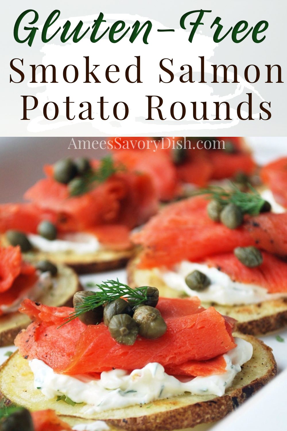This delicious appetizer recipe is a twist on potato skins made with thinly sliced roasted potato slices topped with a creamy yogurt chive sauce, wild-caught smoked salmon, and capers.  These potato rounds are a perfect healthy Superbowl appetizer or elegant, bite-sized, snack for your next gathering.  #smokedsalmon #salmonappetizer #glutenfreeappetizers #glutenfreepartyfood #glutenfreerecipe #potatorecipe #potatoskins #smokedsalmon #glutenfree via @Ameessavorydish