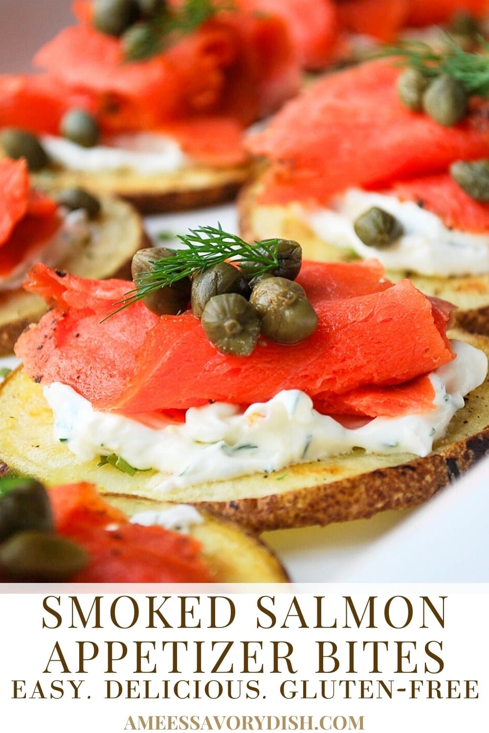 This easy Smoked Salmon Bites Appetizer showcases wild-caught smoked salmon, creamy yogurt dill sauce, and capers atop crispy roasted potato rounds. via @Ameessavorydish