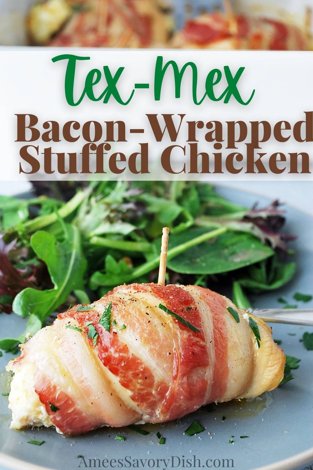 Tex-Mex bacon-wrapped stuffed chicken is made with thinly sliced boneless chicken breasts stuffed with a jalapeño cheese mixture, wrapped in bacon, and baked to perfection. This delicious bacon-wrapped stuffed chicken is also packed with 30 grams of protein! #texmex #chickenrollups #baconchickenwraps #chickenrecipe #glutenfreedinner #baconwrappedstuffedchicken via @Ameessavorydish