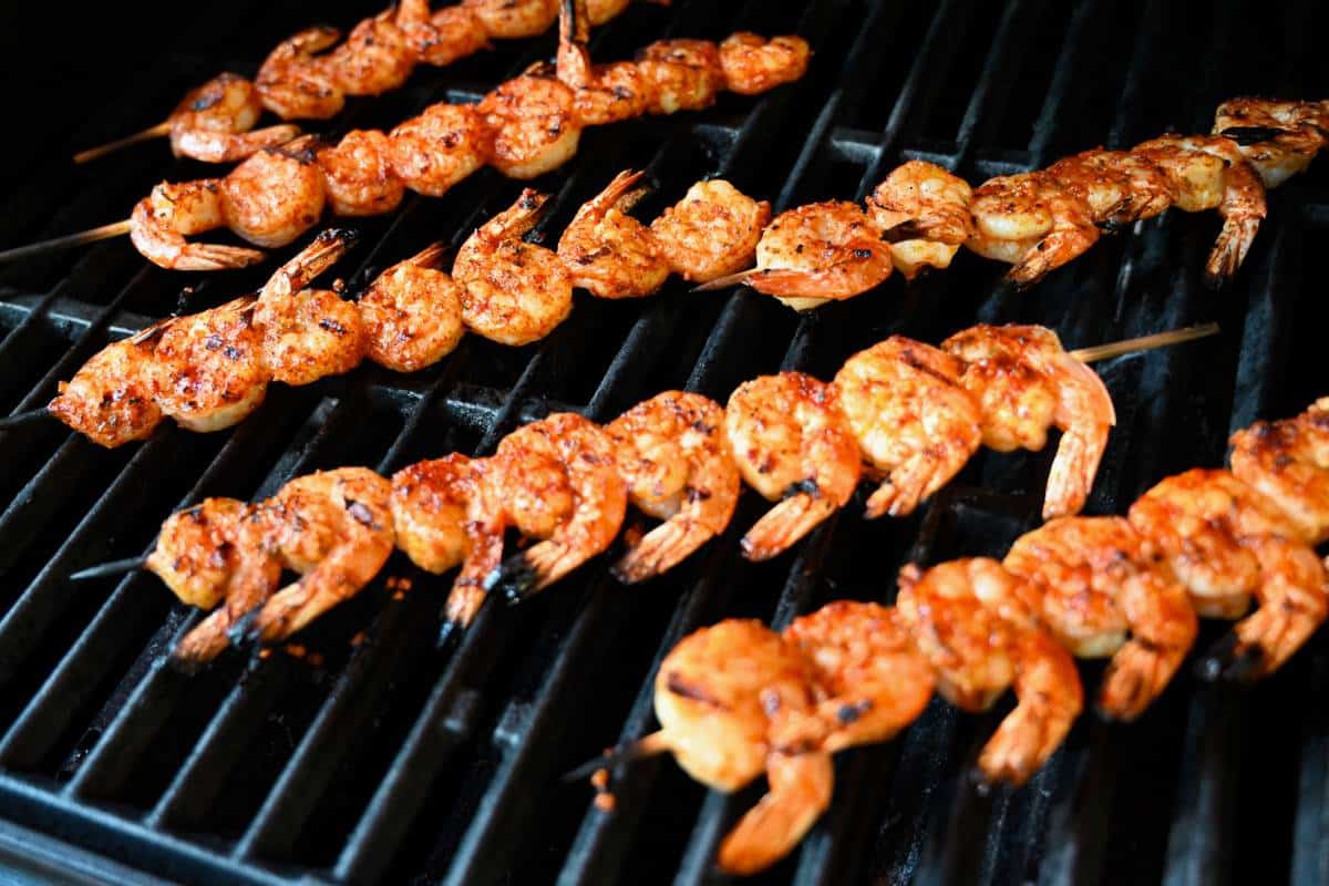 Shrimp skewers on a grill