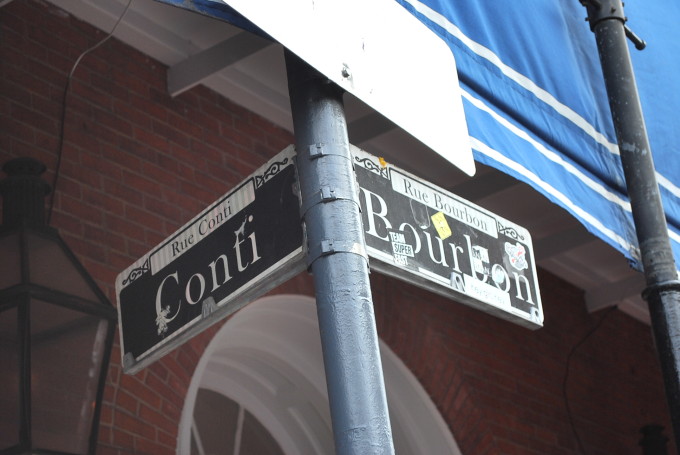 A close up of Bourbon street sign