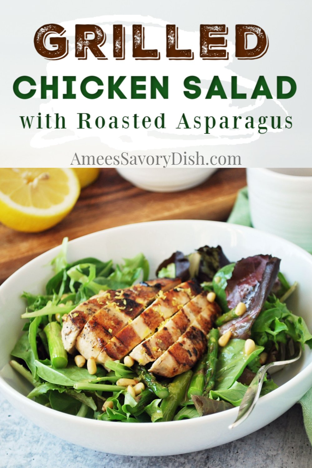 An easy and flavorful grilled chicken salad recipe made with roasted fresh asparagus, toasted pine nuts, and a delicious lemon balsamic vinaigrette dressing.  It's the perfect weeknight recipe to use up leftover grilled chicken! #grilledchickensalad #saladrecipes #salads #entreesalads via @Ameessavorydish