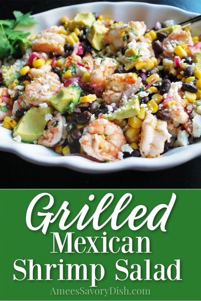 bowl of grilled shrimp salad with description for Pinterest