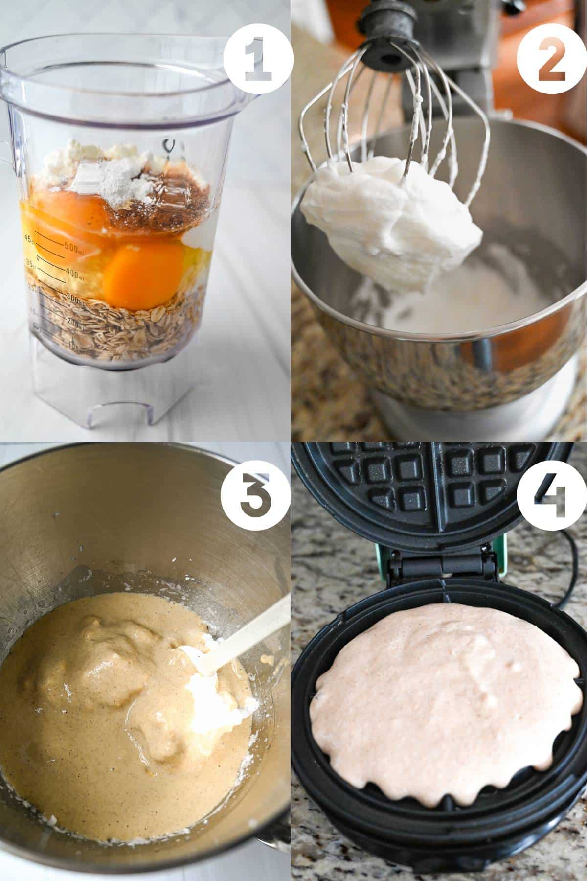collage of steps to make protein waffles- in blender, whipped egg whites, mixed batter and in the waffle machine