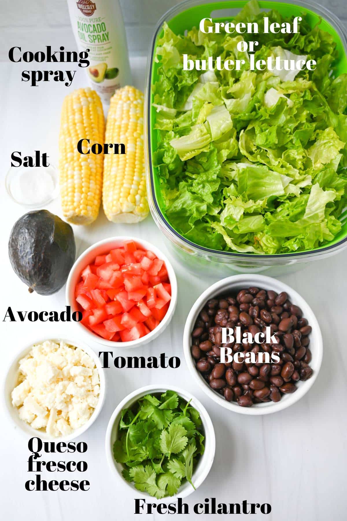 ingredients for mexican salad measured out on a counter