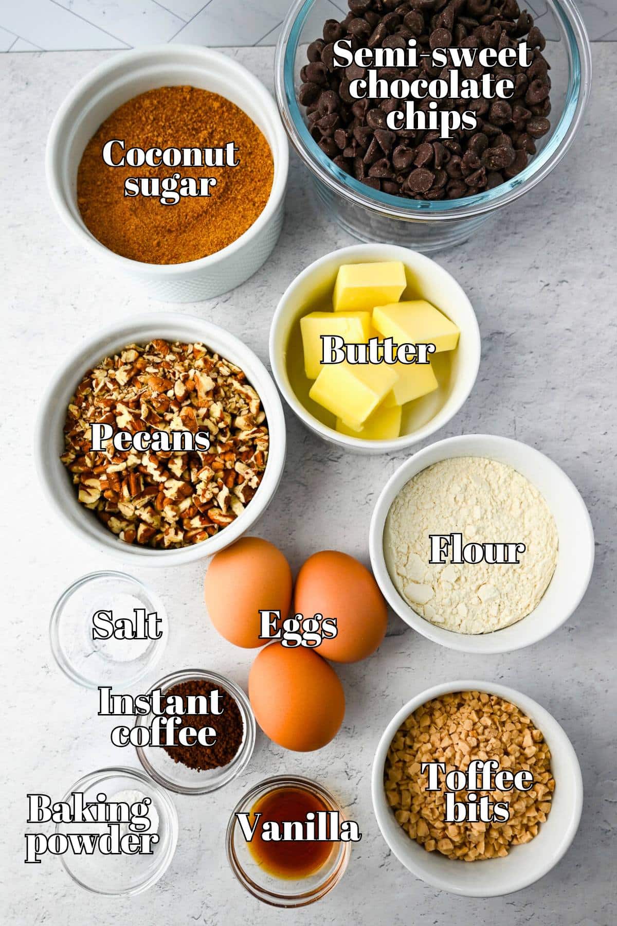 brownie tart ingredients measured out on a counter