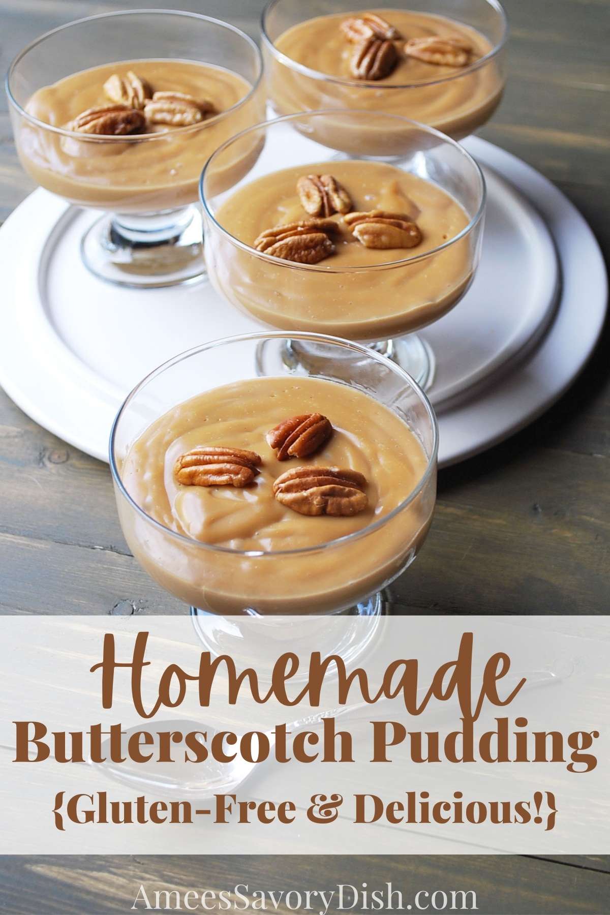 pudding in four parfait glasses topped with toasted pecans