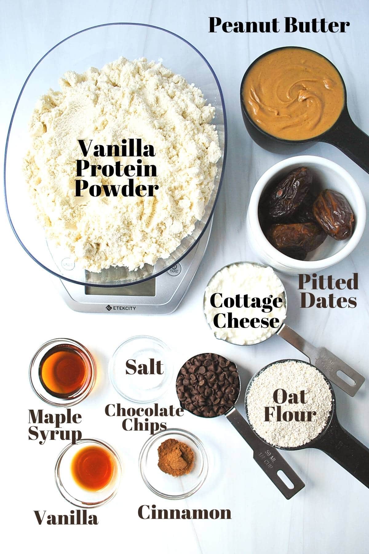 ingredients for gluten free protein bars measured out on a counter for assembling