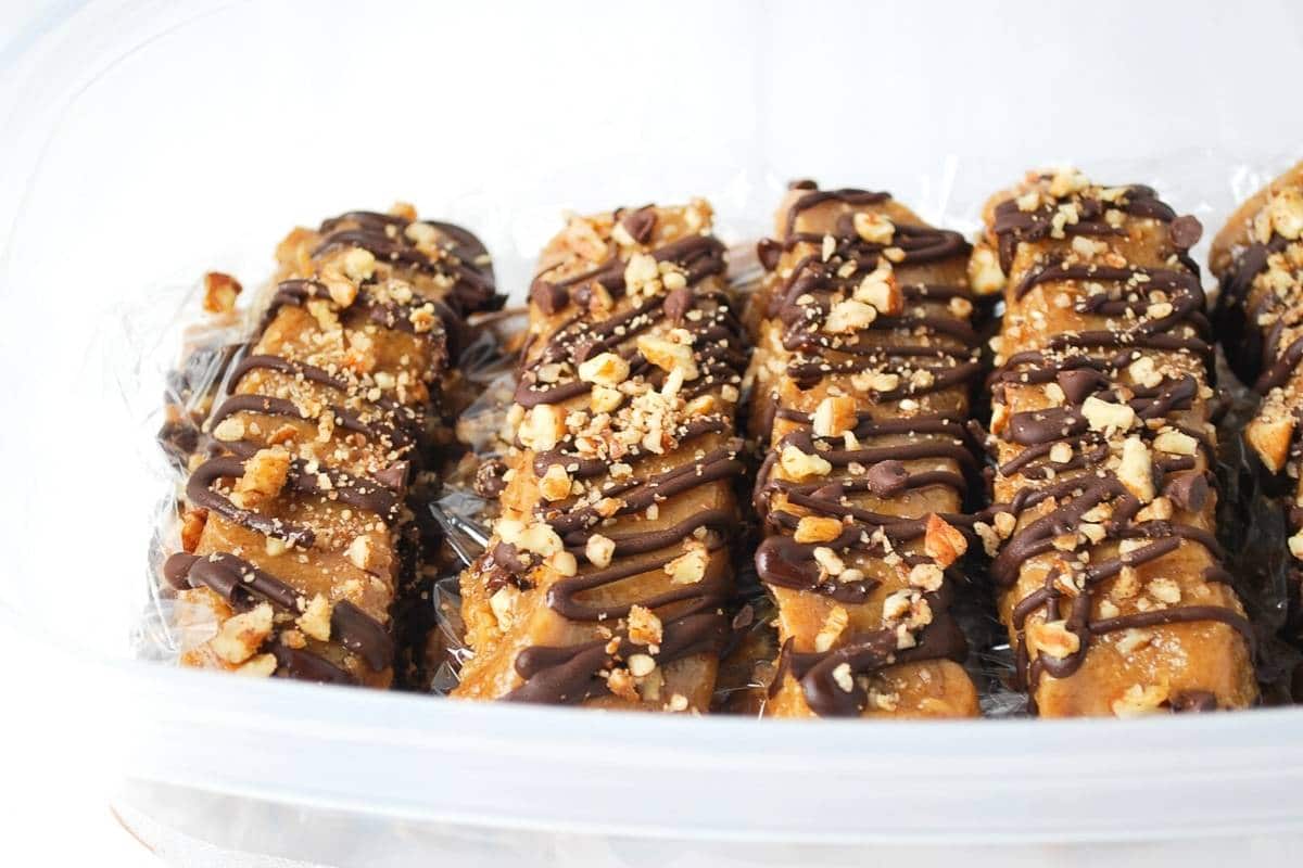 no bake peanut butter protein bars in a freezer safe container 