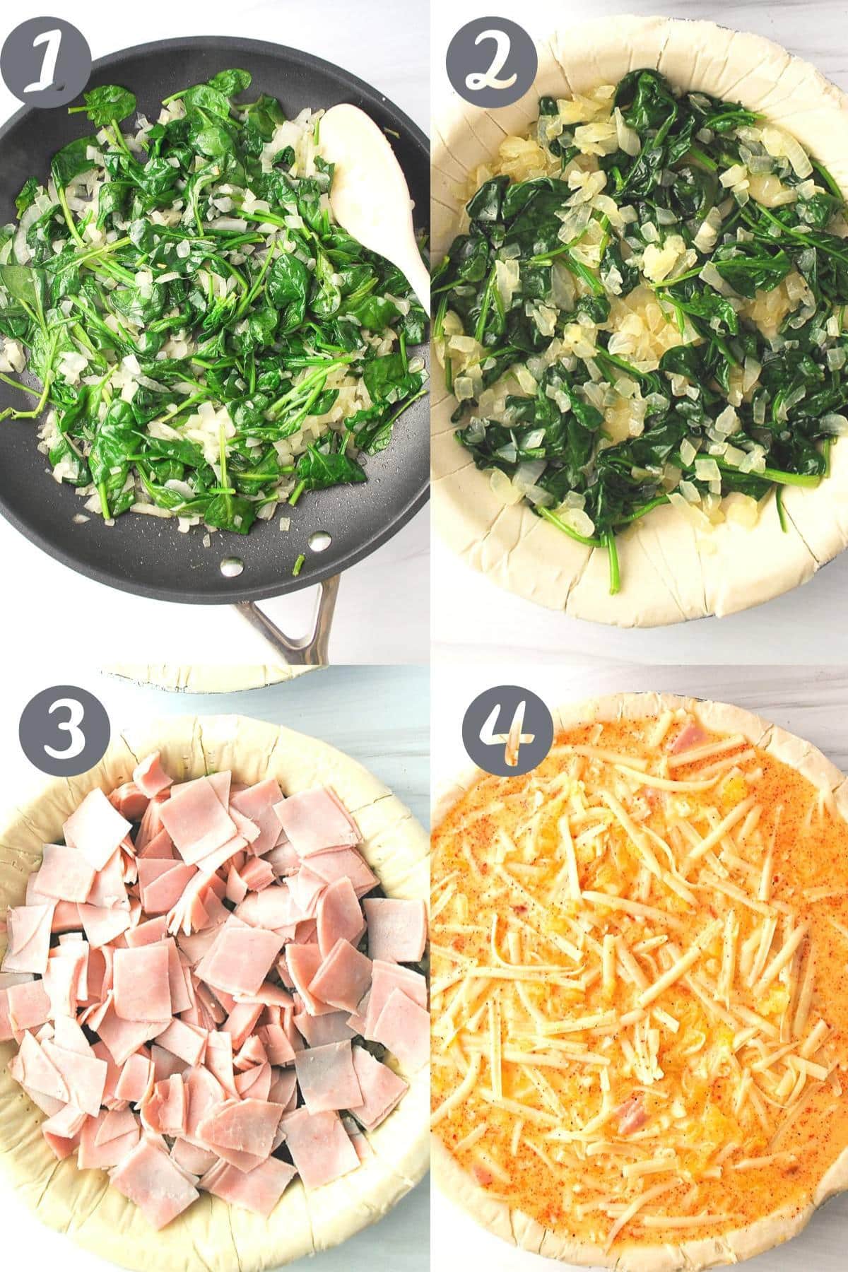 four photos of steps to assemble quiche: sauteed spinach in a skillet, spinach and onions in pie crust, with ham on top, finished with cheese