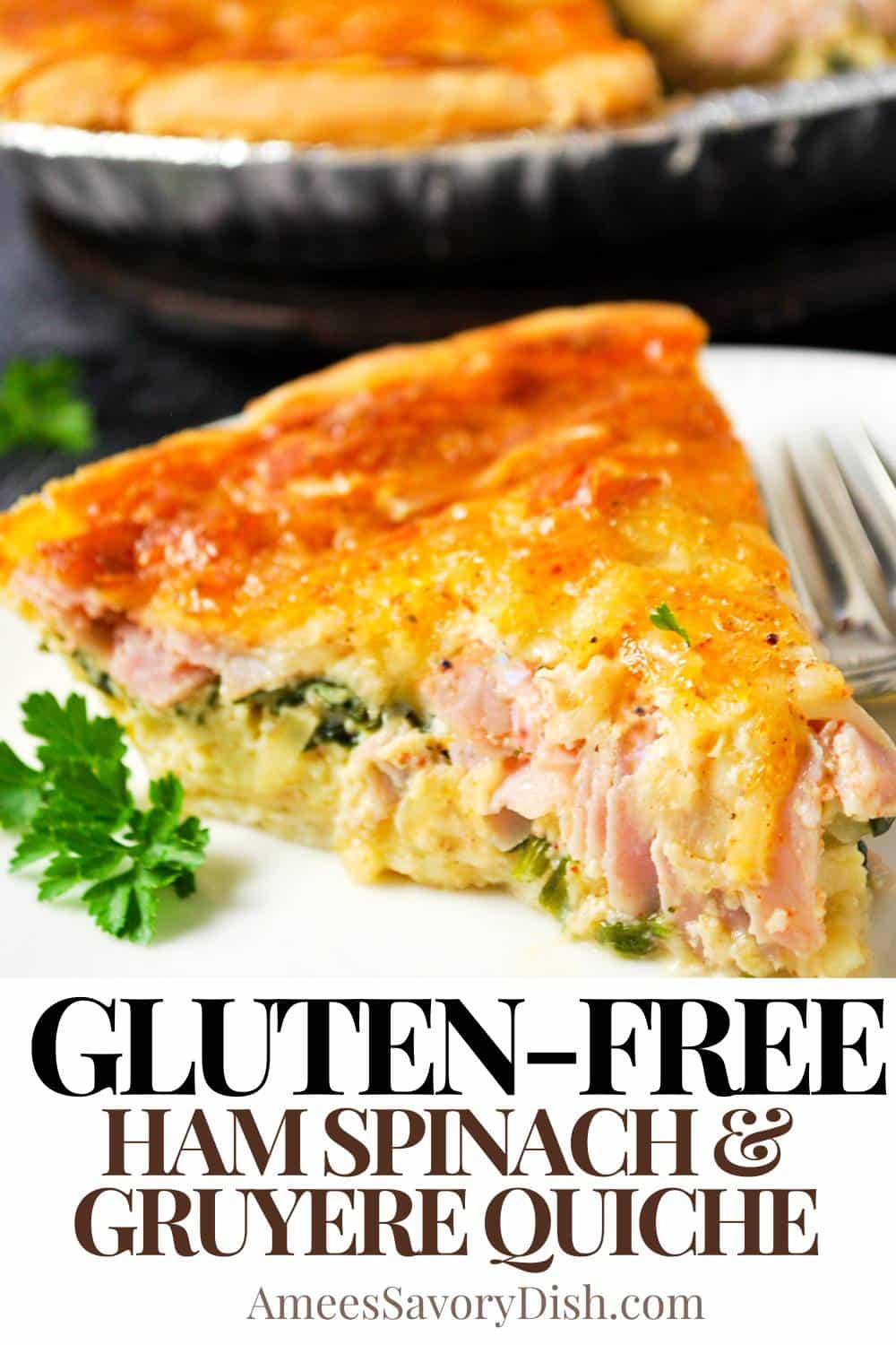 This Gluten Free Quiche showcases sweet onion, fresh spinach, succulent ham, and a rich and creamy egg custard filling oozing with gruyere goodness, baked to perfection in a store-bought pie crust. via @Ameessavorydish