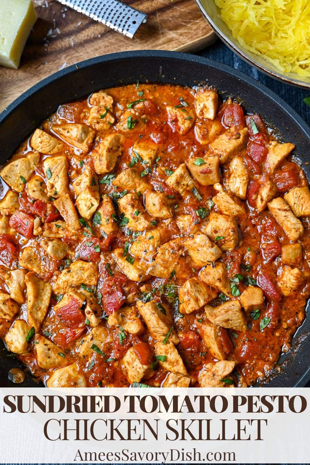 This easy one-skillet chicken recipe is made with boneless chicken simmered in a flavorful sundried tomato pesto sauce. Ready in 30 minutes! Optional cream addition for pasta. via @Ameessavorydish