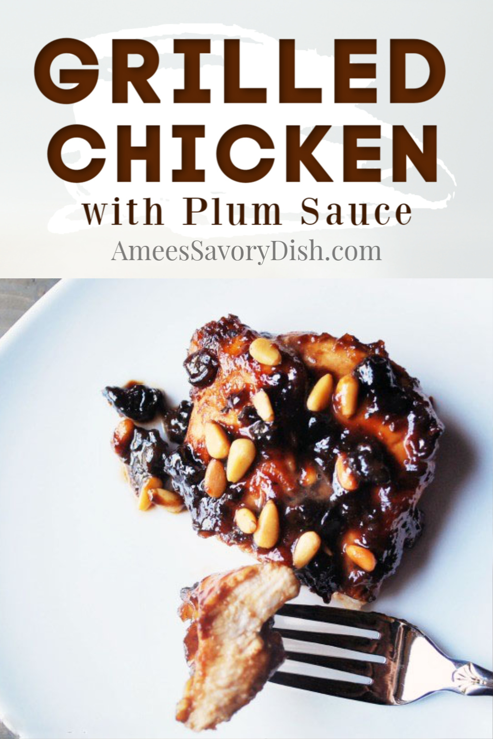 A moist and tender recipe for marinated grilled chicken with plum sauce using pureed plums and balsamic vinegar and topped with toasted pine nuts.  #grilledchicken #chickenrecipes #grilling #chicken #plums via @Ameessavorydish