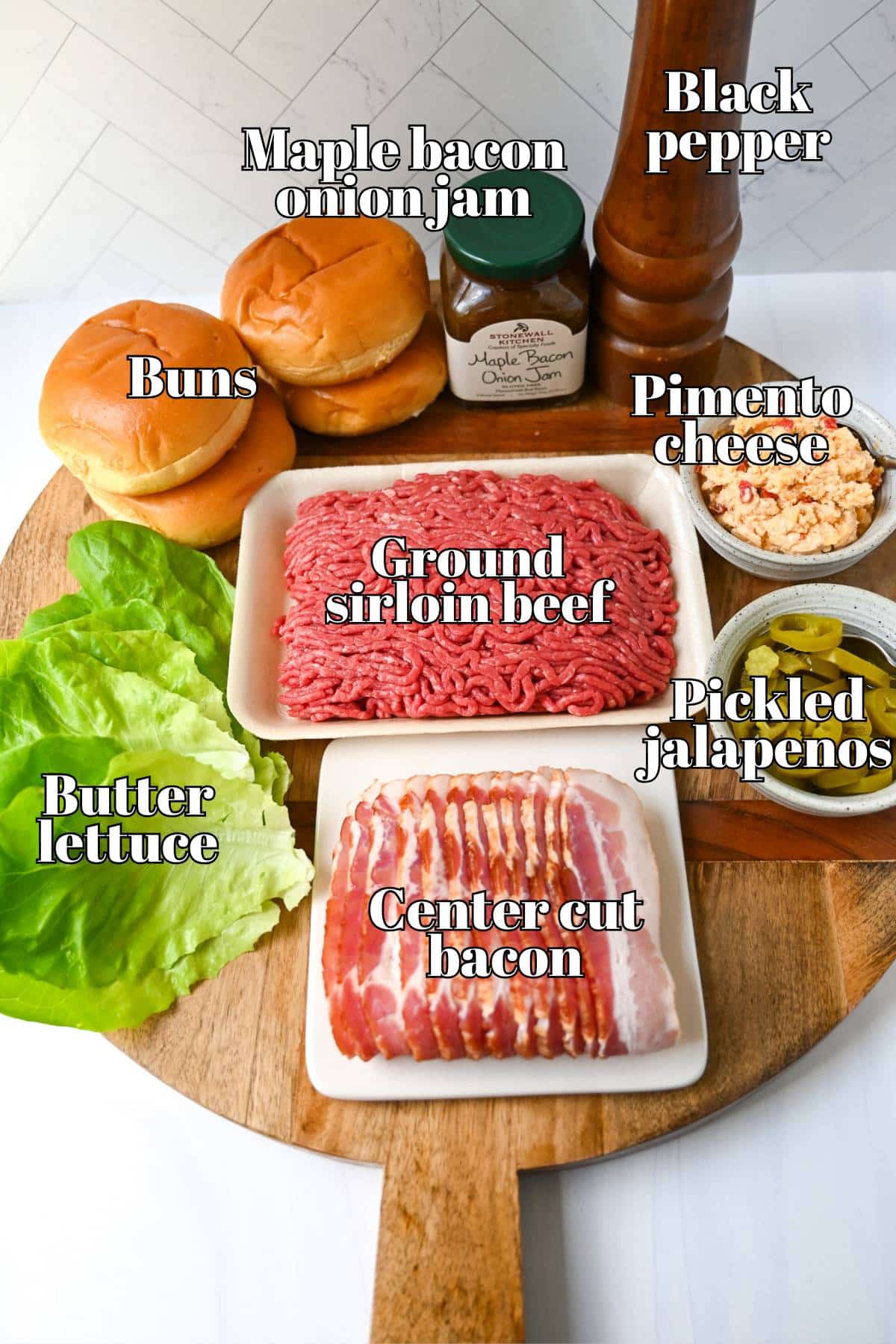 ingredients for pimento cheese burgers on a wood cutting board