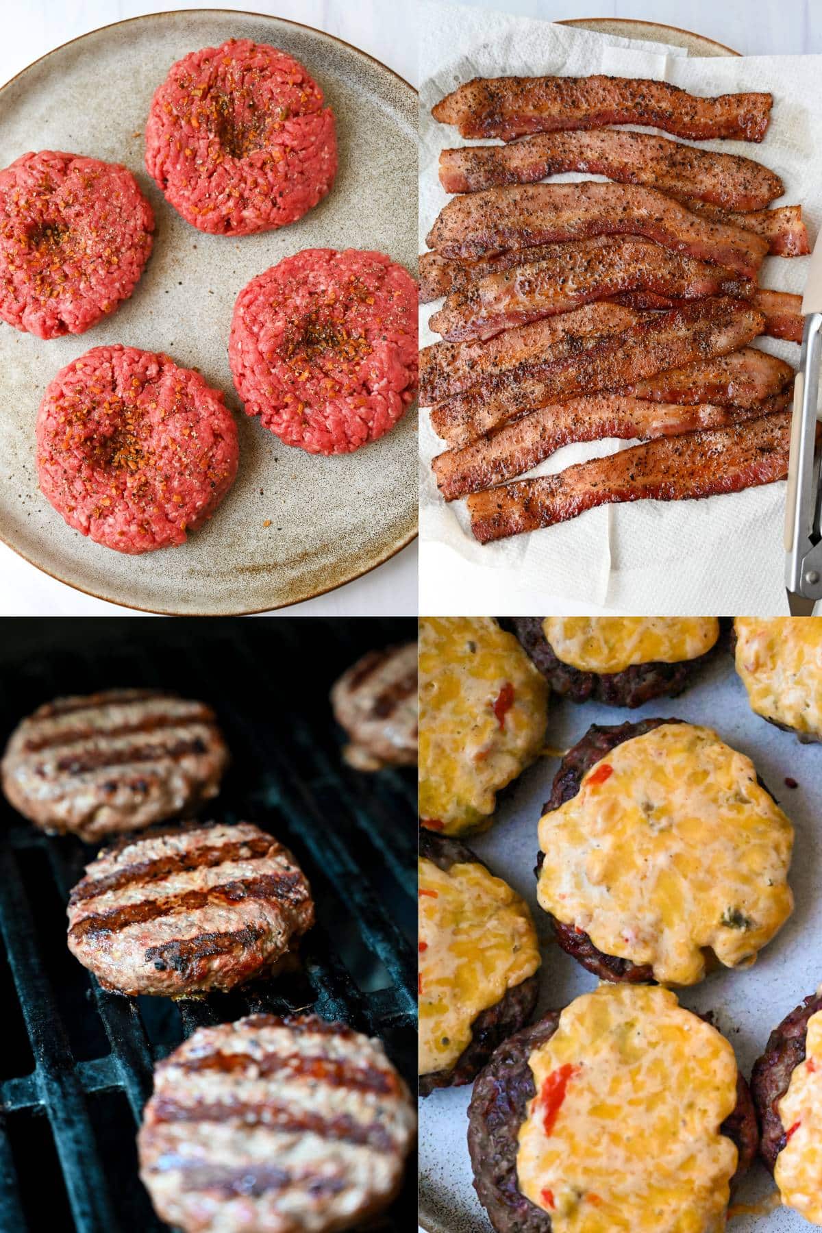 collage photo of grilling pimento cheese burgers and cooked peppered bacon for topping