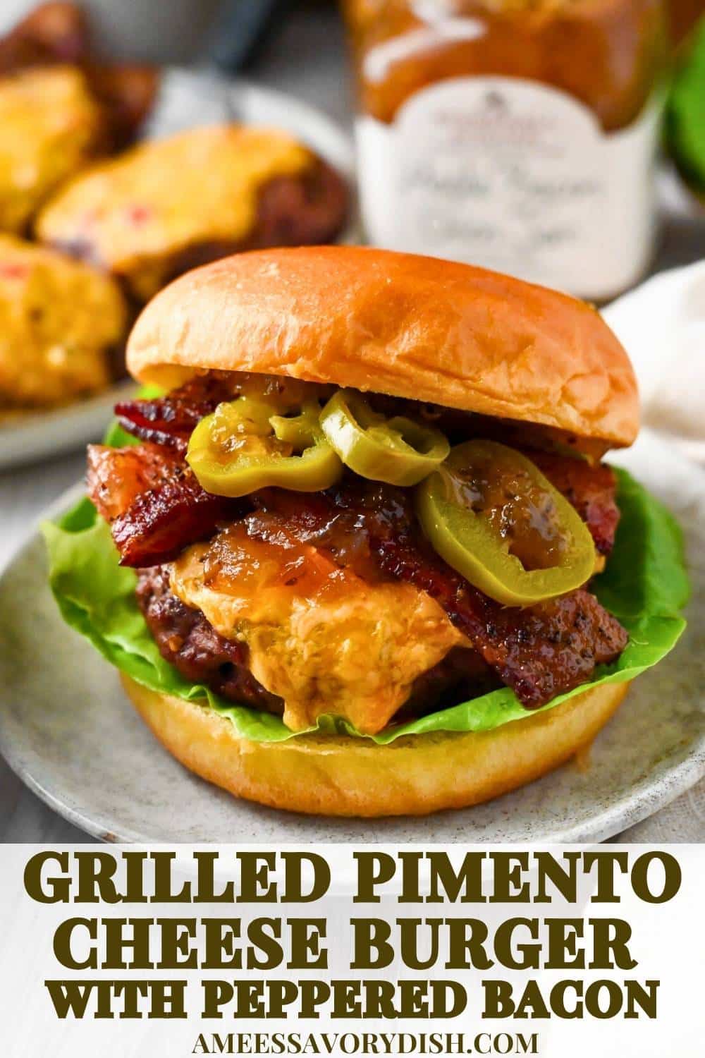 Fire up the grill for Pimento Cheese Burgers featuring juicy ground sirloin patties topped with jalapeño pimento cheese. These epic burgers are guaranteed to steal the show at your next cookout! via @Ameessavorydish