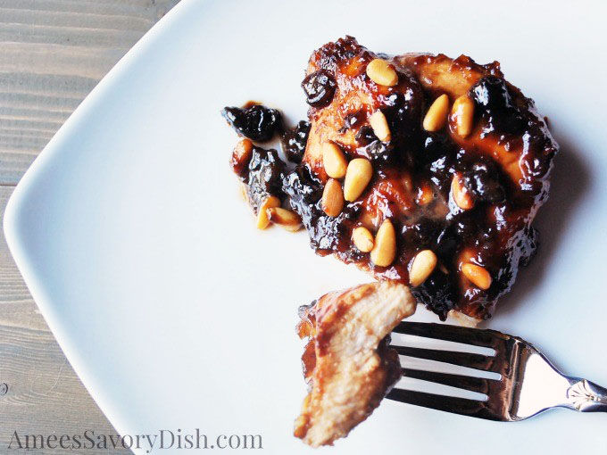Grilled chicken with plum sauce glaze and pine nuts
