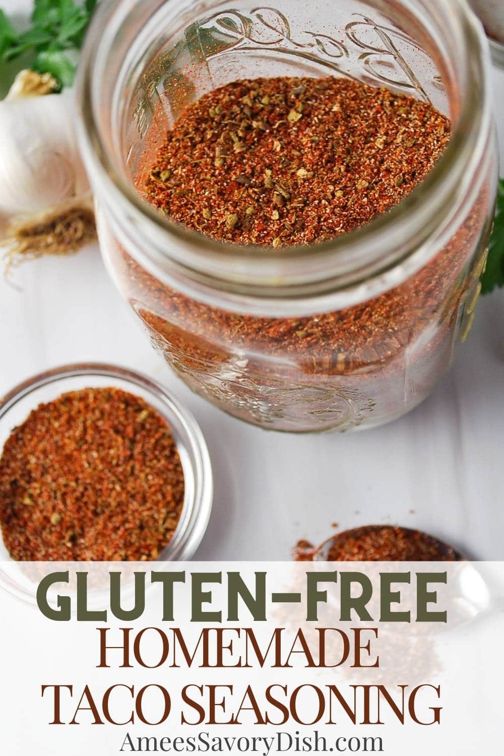 Make and shake gluten-free homemade taco seasoning! This blend of spicy, smoky, and sweet spices is just as flavorful and convenient as taco seasoning packets without any gluten or preservatives. via @Ameessavorydish