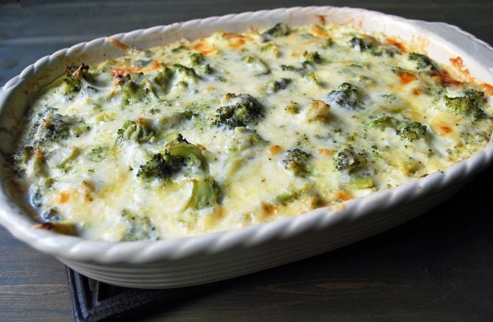 pan of baked gluten free broccoli casserole on trivet