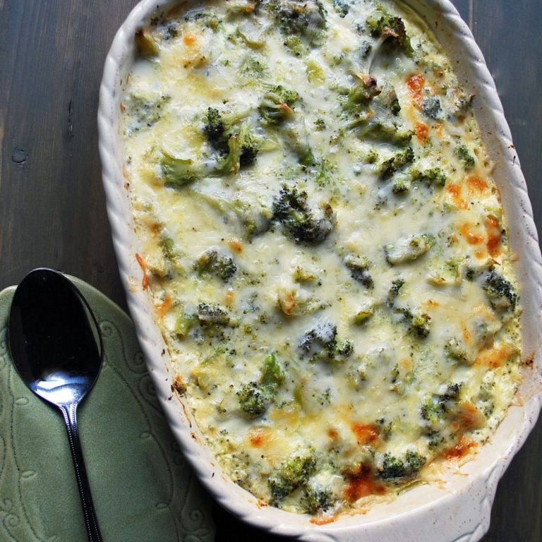 overhead photo of broccoli casserole in a pan