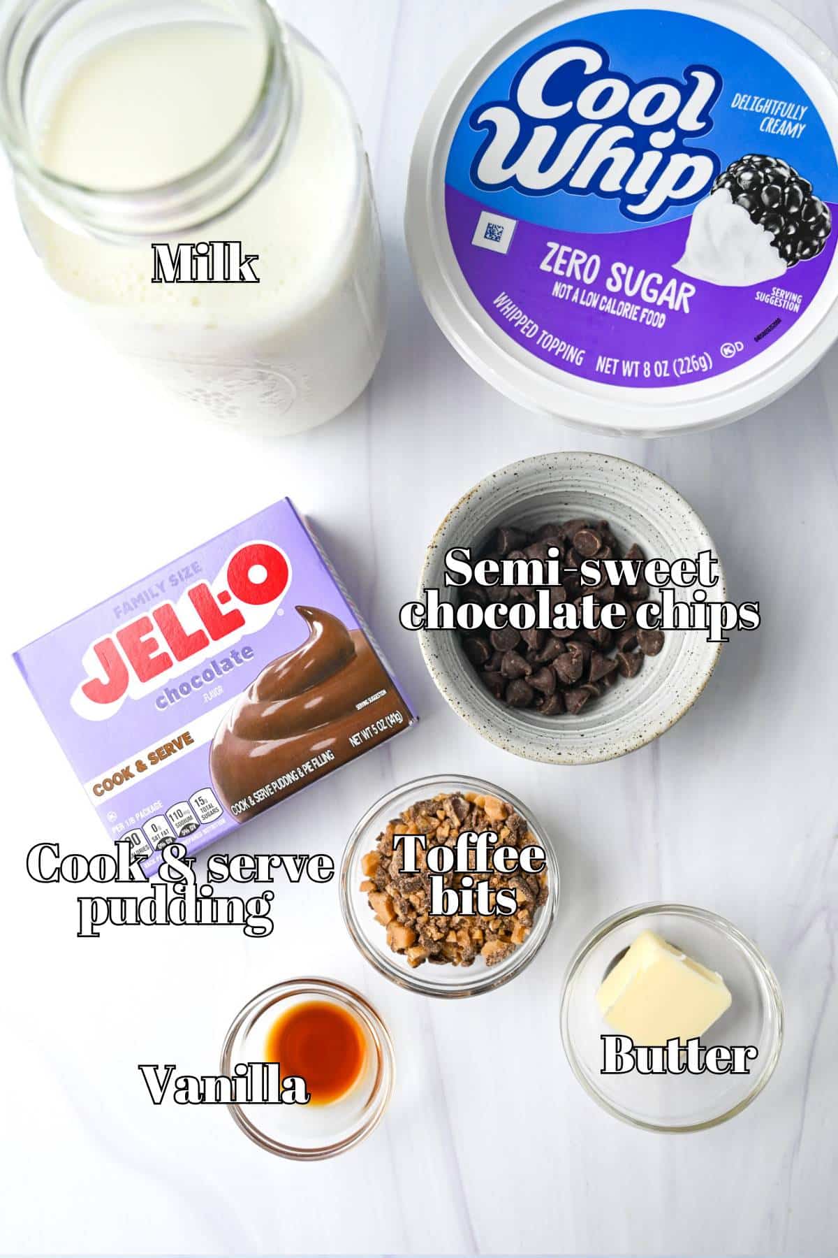 chocolate cream pie ingredients measured out on a counter