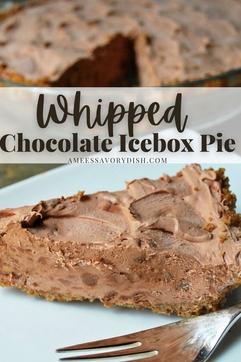 A tasty recipe for whipped chocolate icebox pie with pecan pie crust made with no flour or added sugar and chilled for a perfect summertime dessert. #iceboxpie #glutenfreepie #pecanpiecrust via @Ameessavorydish