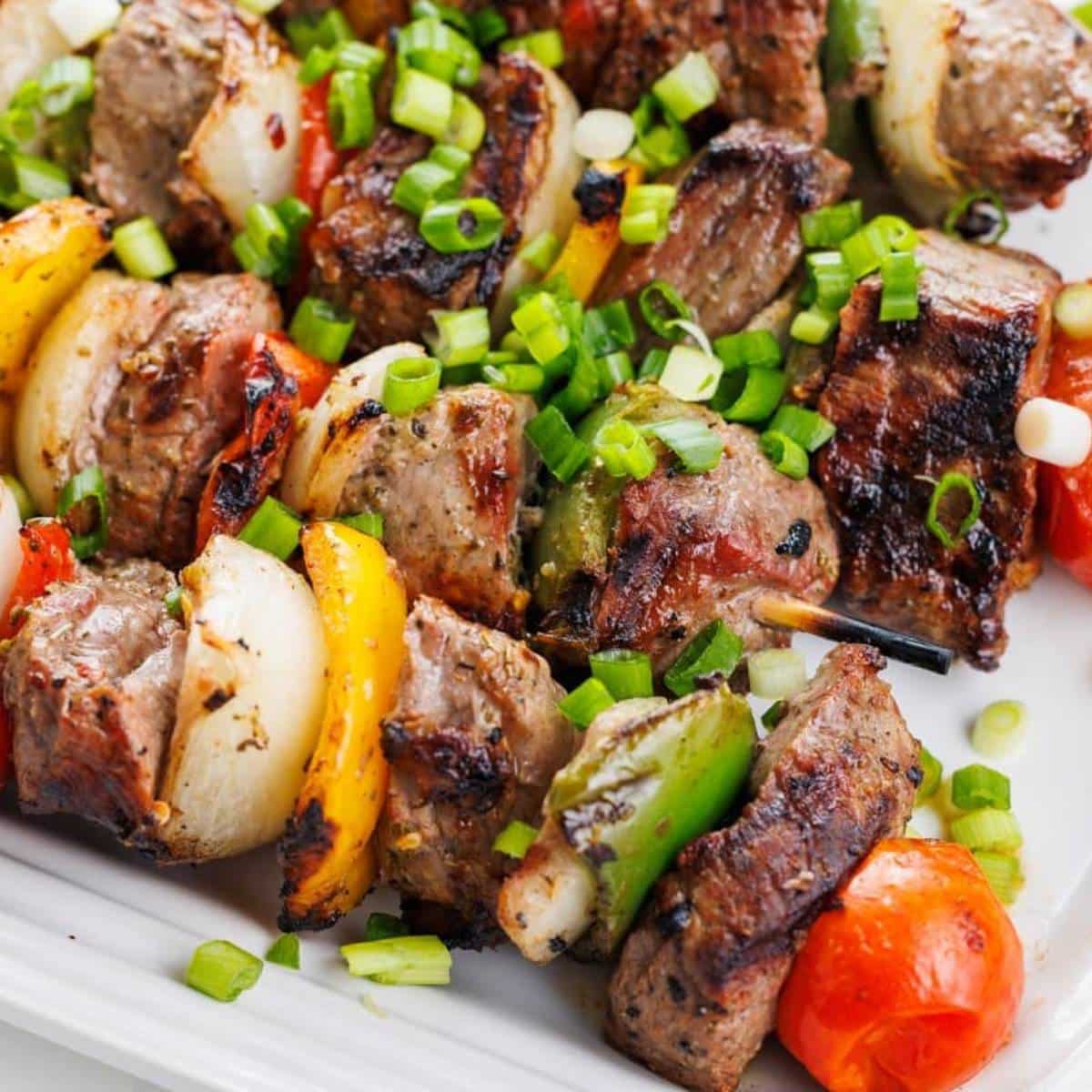 greek soulvaki kabobs with green onion on top