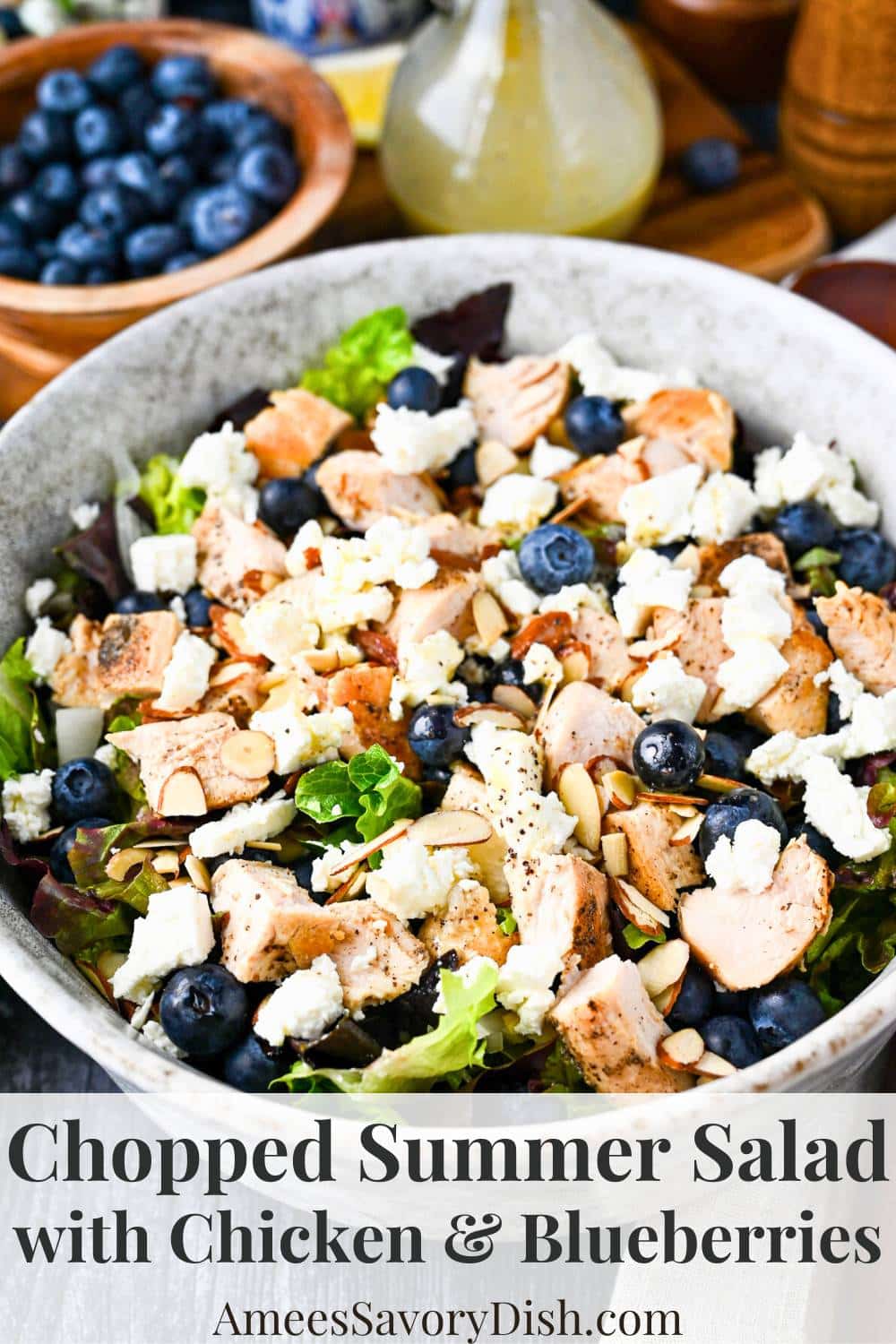 This sensational salad features crisp romaine, juicy blueberries, tangy feta, toasted almonds, and tender chicken, all tossed in a lemon poppyseed dressing. via @Ameessavorydish
