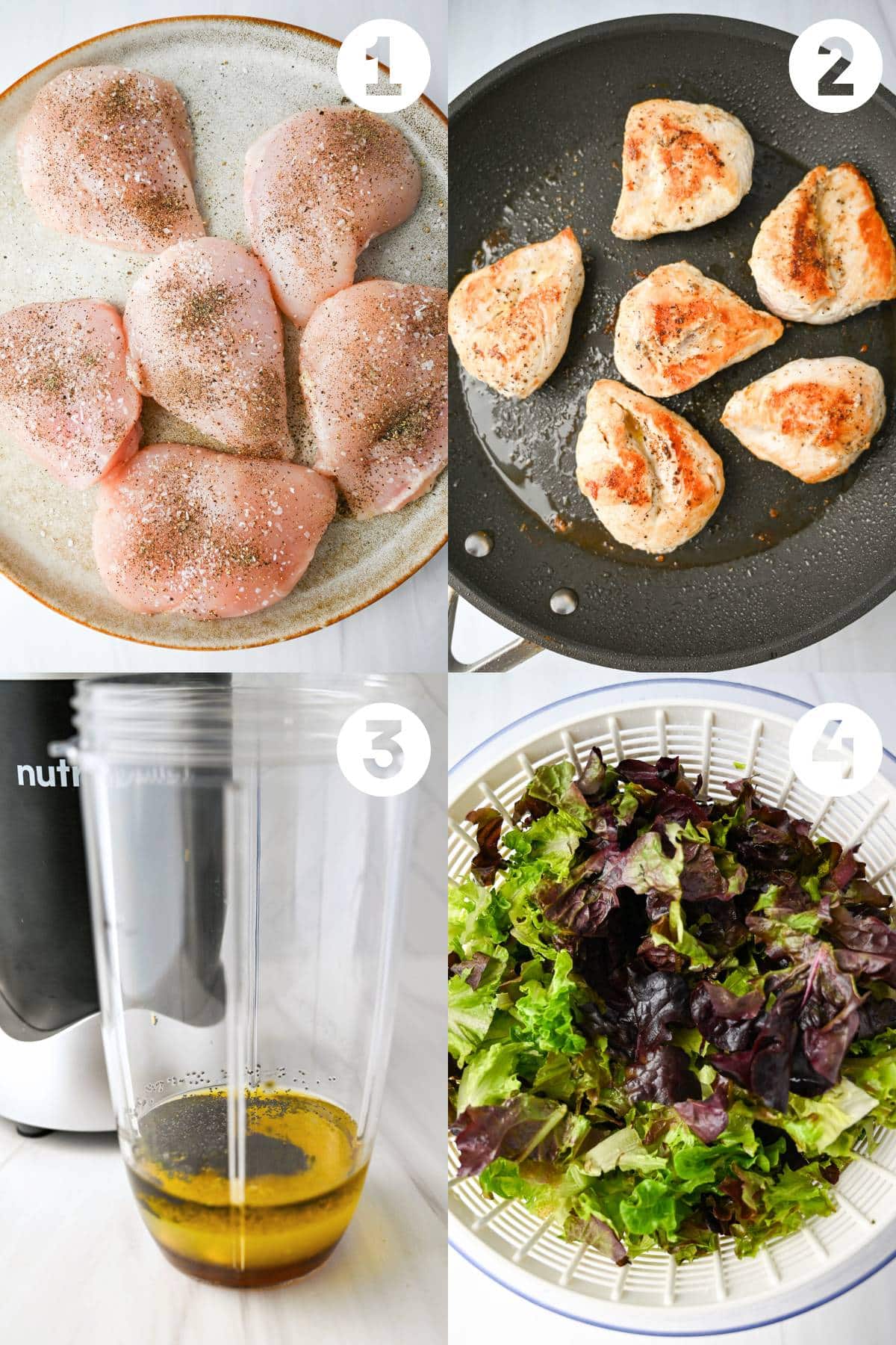 steps for sauteing chicken breasts, making dressing, and chopped lettuce