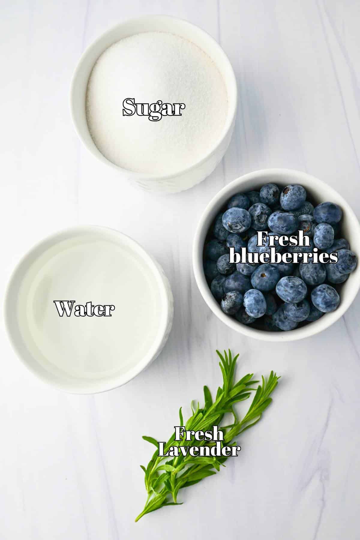 ingredients for blueberry lavender simple syrup measured out on a counter