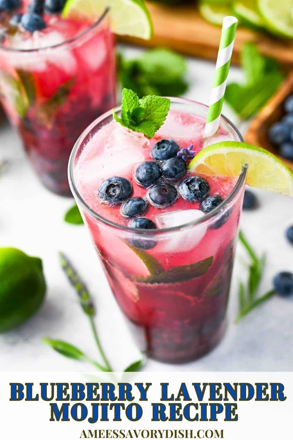 This Blueberry Lavender Mojito recipe makes the perfect summer cocktail made with blueberry lavender simple syrup, fresh lime, white rum, mint, and seasonal blueberries. via @Ameessavorydish