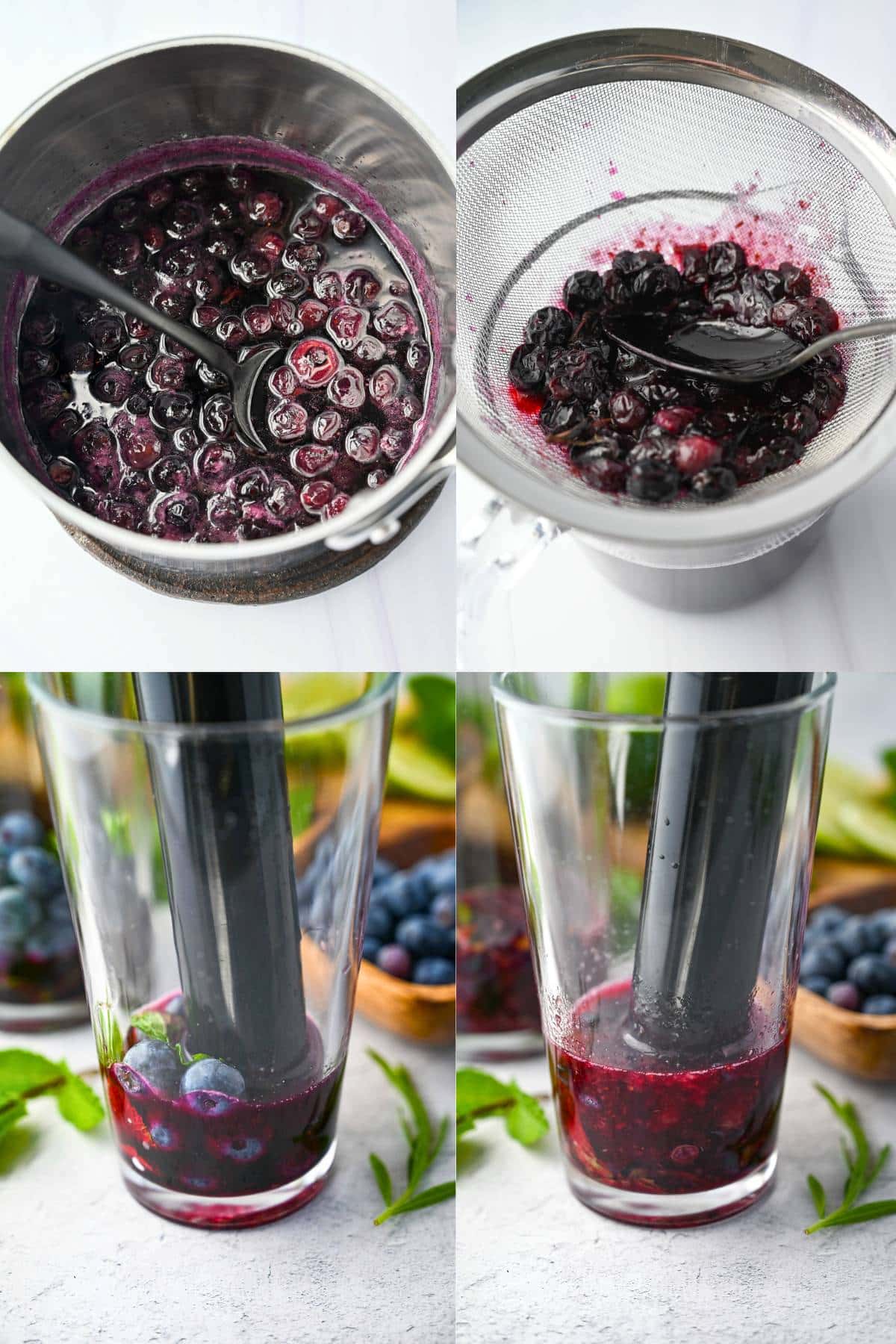 steps for making blueberry syrup with fresh lavender and muddling the syrup in a glass with berries and mint