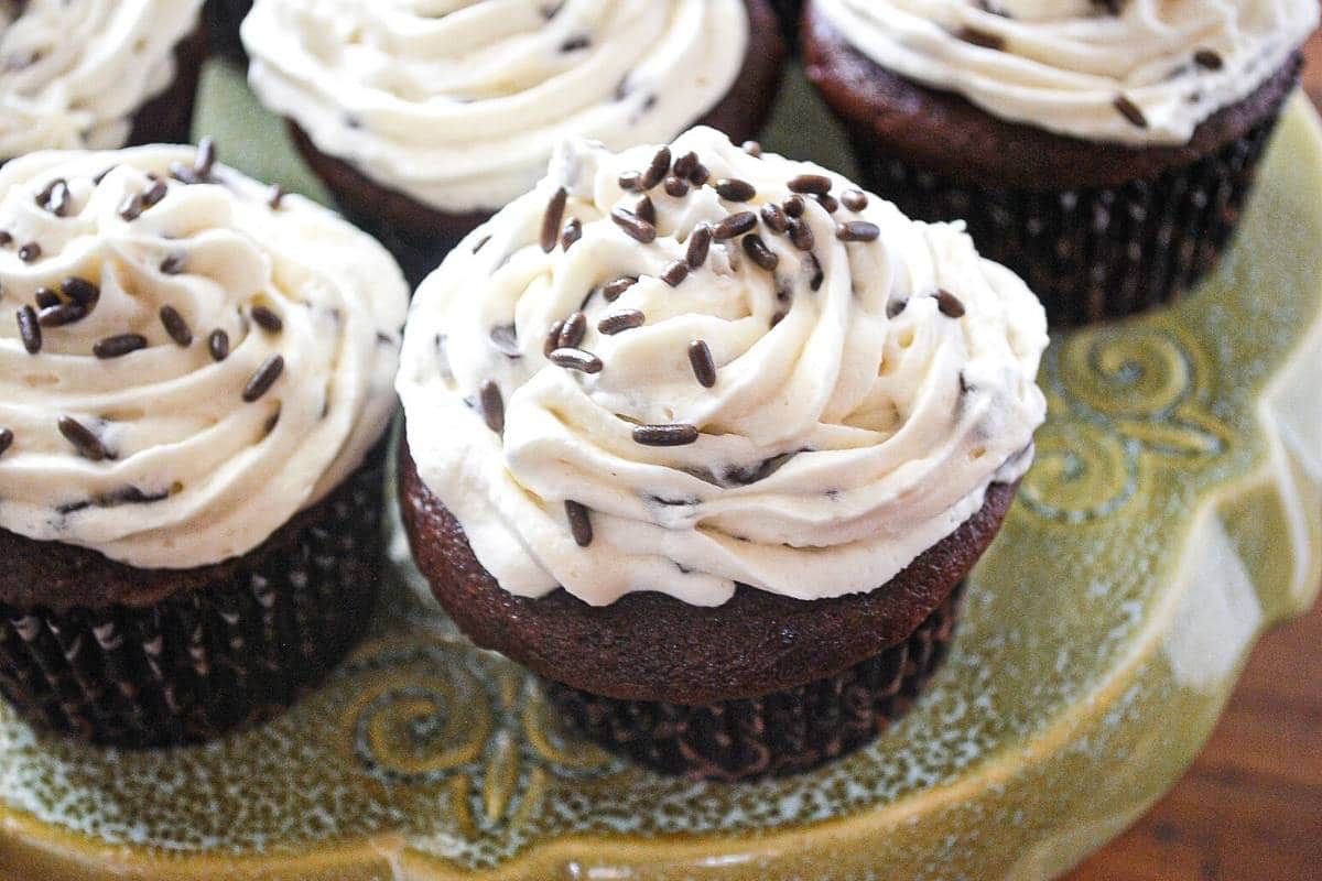 close up of chocolate chip frosting on top of a homemade devil's food cupcake topped with chocolate sprinkles