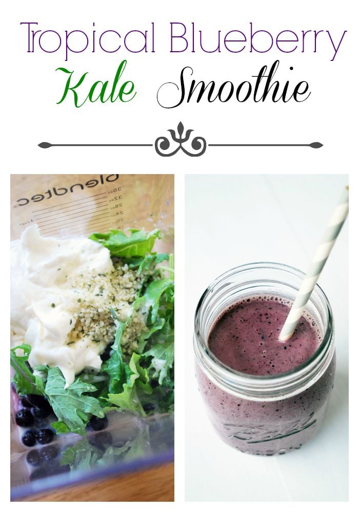 A tropical blueberry kale smoothie recipe made with frozen blueberries, mangoes, orange juice, and Greek yogurt. So delicious!! via @Ameessavorydish