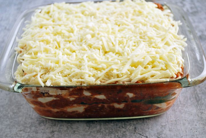 zucchini lasagna in pan ready to bake