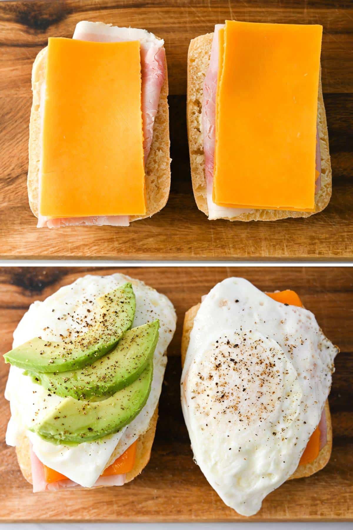 two photos showing the steps to assemble the breakfast sandwich with cheese on ham and the egg and avocado on top in the second photo