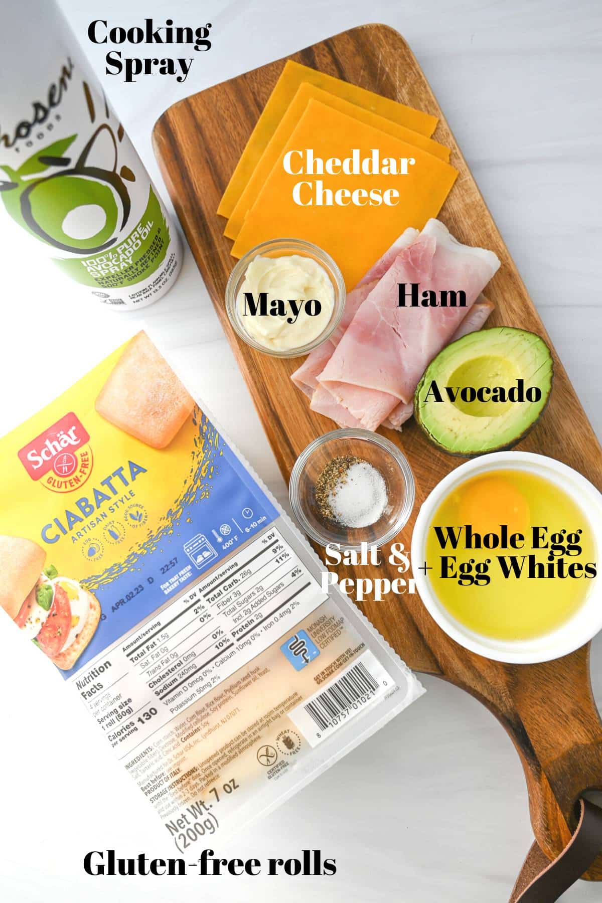 ingredients for a gluten free breakfast sandwich on a counter 