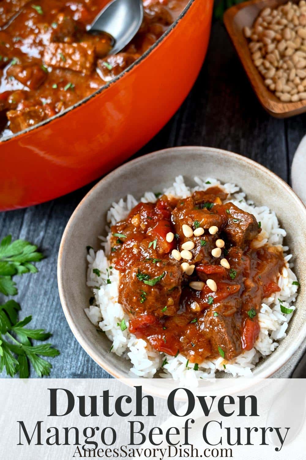 Mango Beef Curry (aka Marrakesh Beef) features melt-in-your-mouth beef chunks seared and braised in a sweet and spicy mix of mango chutney, tomatoes, and curry. via @Ameessavorydish