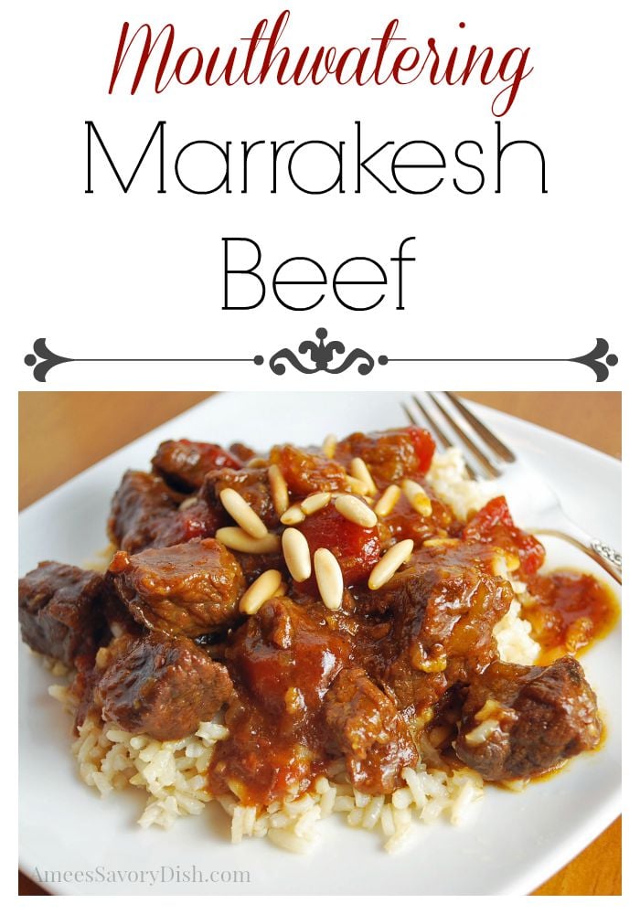 prepared Marrakesh beef topped with pine nuts over rice on a plate with a fork
