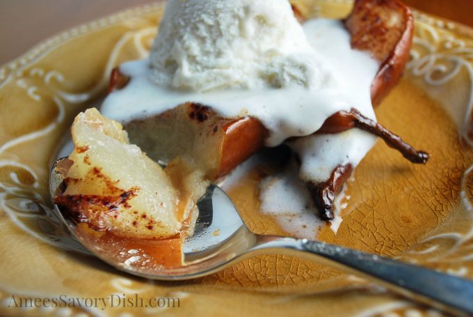 Easy and delicious roasted maple pear recipe topped with frozen yogurt