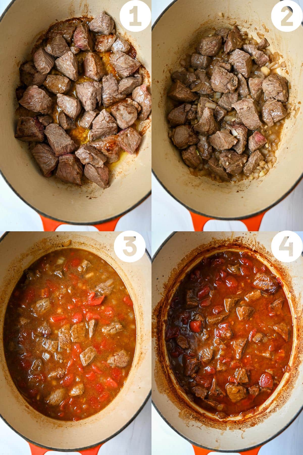 steps to making mango curry beef in a dutch oven from searing to saucing to the finished dish